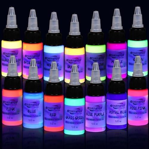 GTARTISTOO 14 Farben Tattoo Ink Set 1/2 oz (15 ml)/Flasche – Professionelle fluoreszierende Tattoo Farben Pigment Kit