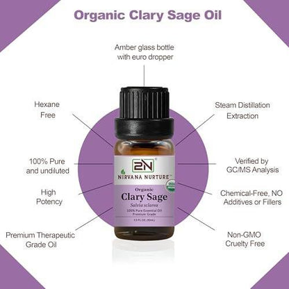 Nirvana Nurture Bio-Clary-Salbei-Ätherisches Öl, USDA Bio, 100% rein, unverdünnt, Aromatherapie-Öl für Diffuser, Haar- & Hautpflege