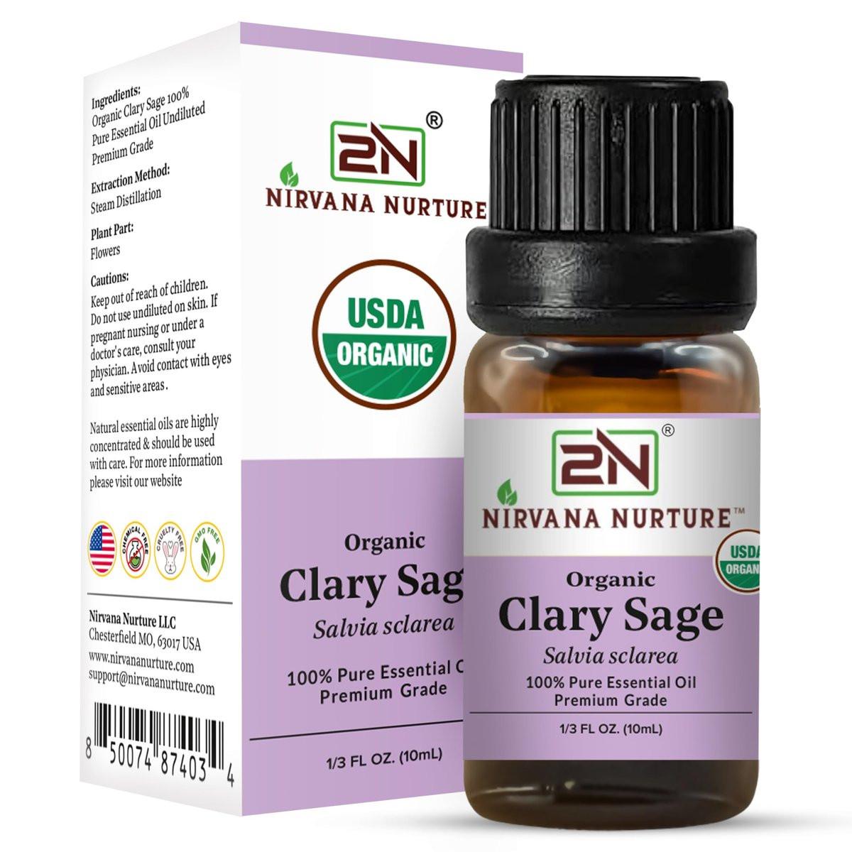 Nirvana Nurture Bio-Clary-Salbei-Ätherisches Öl, USDA Bio, 100% rein, unverdünnt, Aromatherapie-Öl für Diffuser, Haar- & Hautpflege