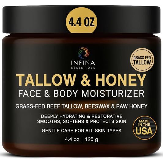INFINA ESSENTIALS Rindertalg für die Haut – Grasgefütterter Rindertalg Gesichts- und Körperfeuchtigkeitscreme – Balsamartige Feuchtigkeitscreme mit Rohhonig, Bienenwachs & Olivenöl für trockene Haut, Hände & Füße – 125 g