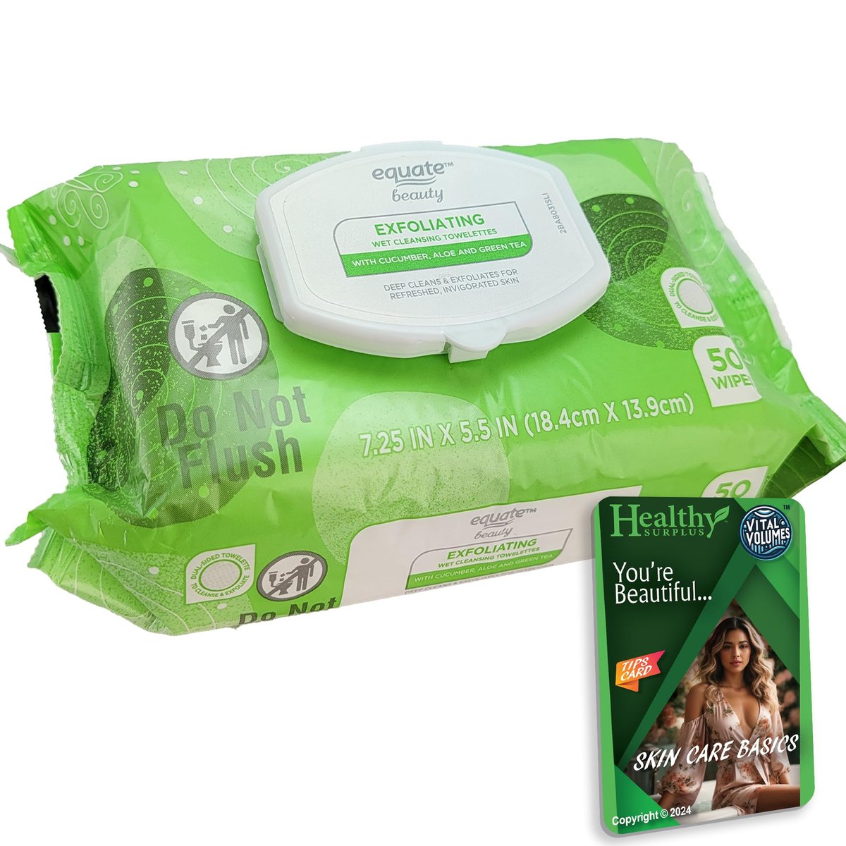 Equate Peeling-Feuchttücher zur Gesichtsreinigung – 1 Packung mit 50 Tüchern + Vital Volumes Tippkarte