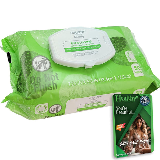 Equate Peeling-Feuchttücher zur Gesichtsreinigung – 1 Packung mit 50 Tüchern + Vital Volumes Tippkarte