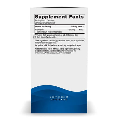 Nordic Naturals Vegetarische Magnesiumglycinat Kapseln, ungesüßt, 90 Stück – 250 mg Magnesium pro Portion – Hoch bioverfügbare Unterstützung für Muskel- & Herz-Kreislauf-Funktion – Nicht-GVO – 30 Portionen