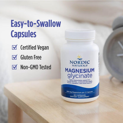 Nordic Naturals Vegetarische Magnesiumglycinat Kapseln, ungesüßt, 90 Stück – 250 mg Magnesium pro Portion – Hoch bioverfügbare Unterstützung für Muskel- & Herz-Kreislauf-Funktion – Nicht-GVO – 30 Portionen