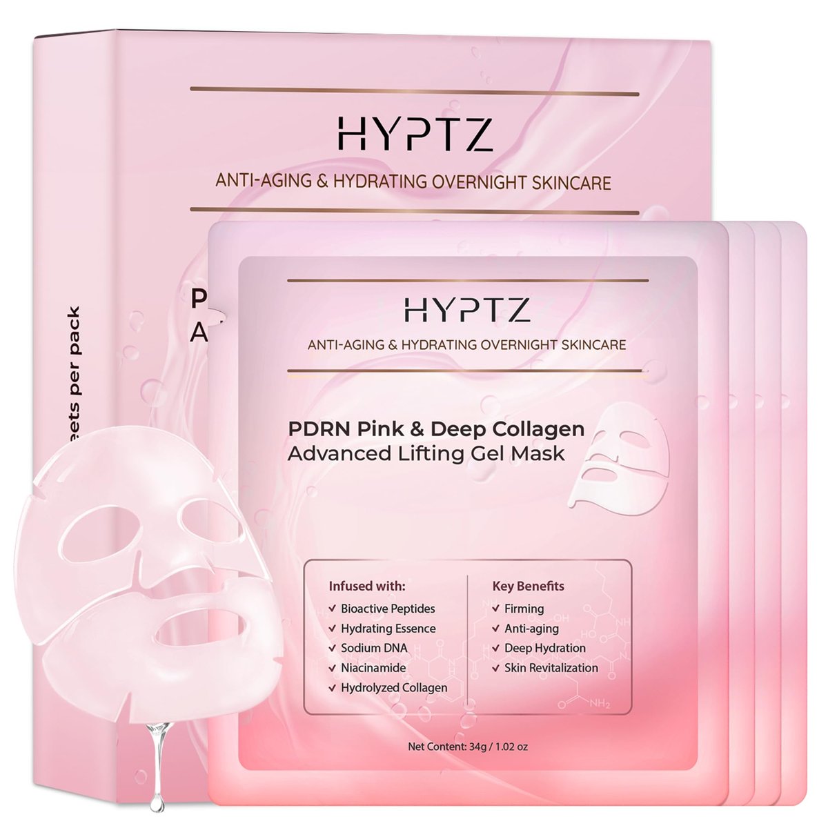 realori Salmon DNA PDRN Collagen Gesichtsmaske – Koreanische Gesichtsmaske für Glas-Haut – Kollagen-Gesichtsmasken über Nacht Hydrogel – Straffende, Feuchtigkeitsspendende Gesichtsmasken, Pinke Kollagenmaske 4er-Pack