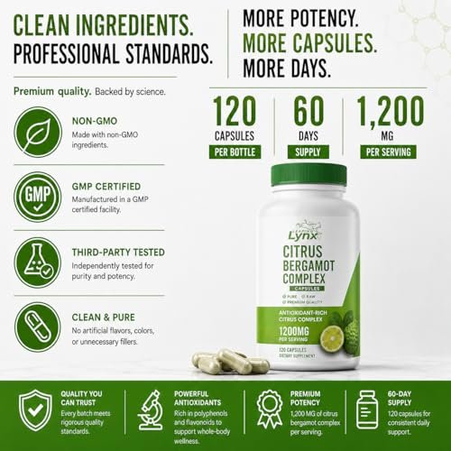 Citrus Bergamot 1200 mg – Herz- & Cholesterin-Unterstützung | 120 Kapseln (60-Tage-Vorrat) | Antioxidantienreicher Extrakt für Kreislauf- & Stoffwechselgesundheit | Non-GMO