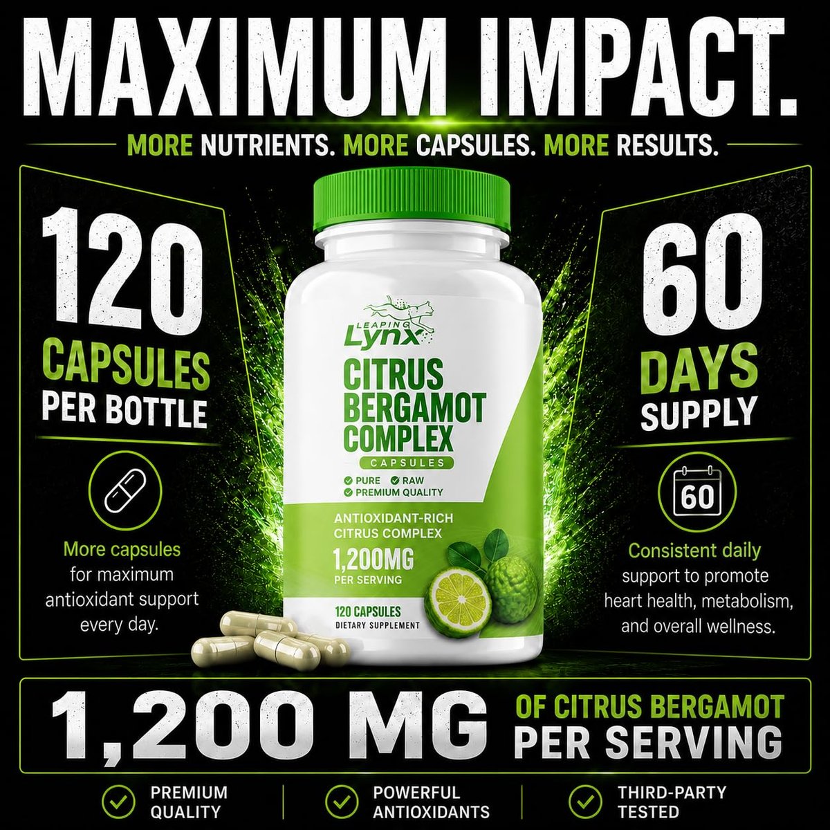 Citrus Bergamot 1200 mg – Herz- & Cholesterin-Unterstützung | 120 Kapseln (60-Tage-Vorrat) | Antioxidantienreicher Extrakt für Kreislauf- & Stoffwechselgesundheit | Non-GMO