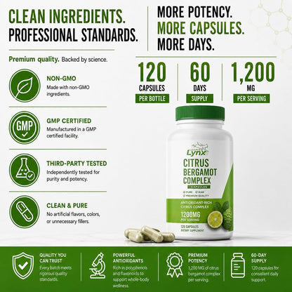 Citrus Bergamot 1200 mg – Herz- & Cholesterin-Unterstützung | 120 Kapseln (60-Tage-Vorrat) | Antioxidantienreicher Extrakt für Kreislauf- & Stoffwechselgesundheit | Non-GMO