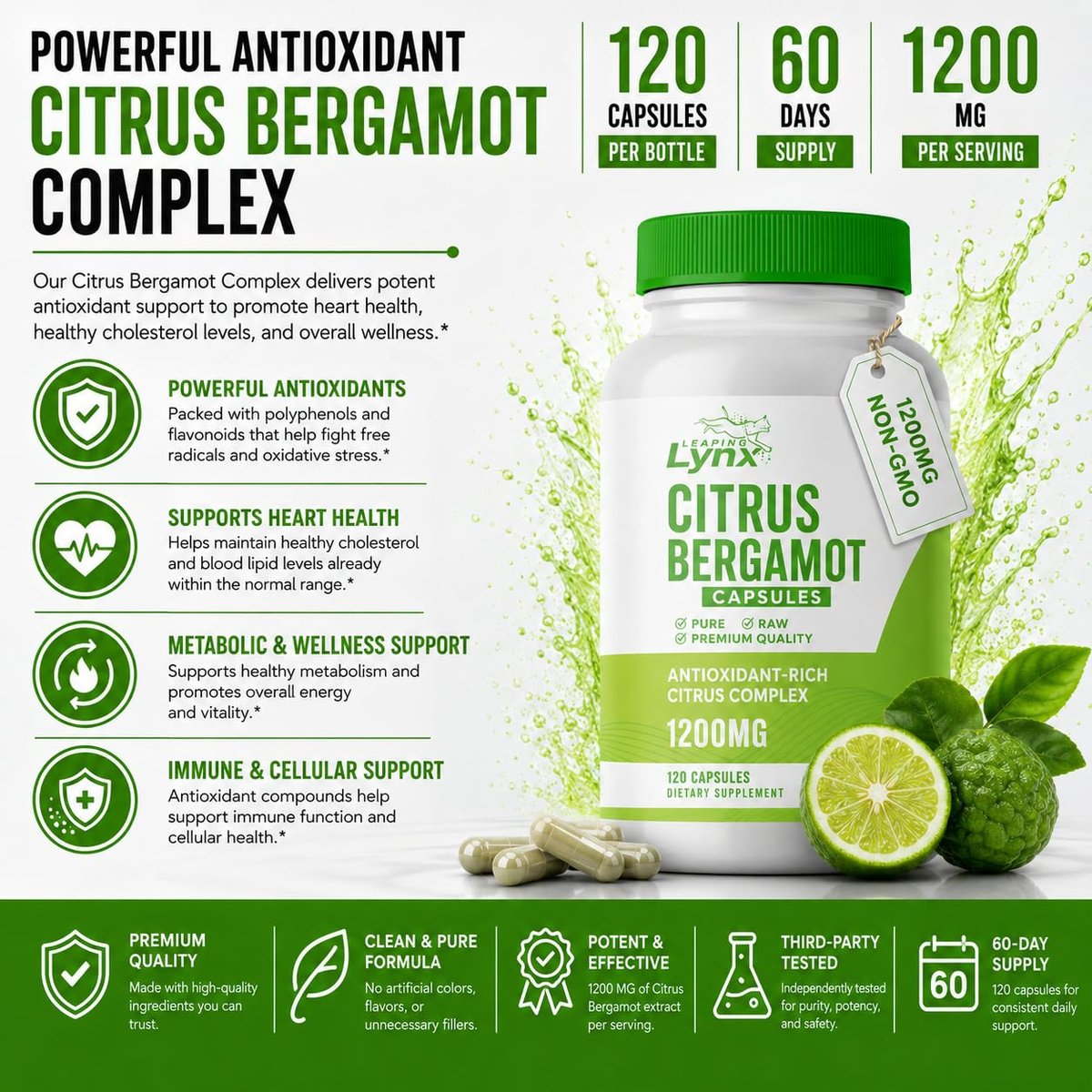 Citrus Bergamot 1200 mg – Herz- & Cholesterin-Unterstützung | 120 Kapseln (60-Tage-Vorrat) | Antioxidantienreicher Extrakt für Kreislauf- & Stoffwechselgesundheit | Non-GMO