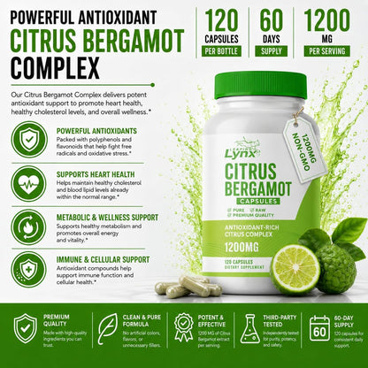 Citrus Bergamot 1200 mg – Herz- & Cholesterin-Unterstützung | 120 Kapseln (60-Tage-Vorrat) | Antioxidantienreicher Extrakt für Kreislauf- & Stoffwechselgesundheit | Non-GMO
