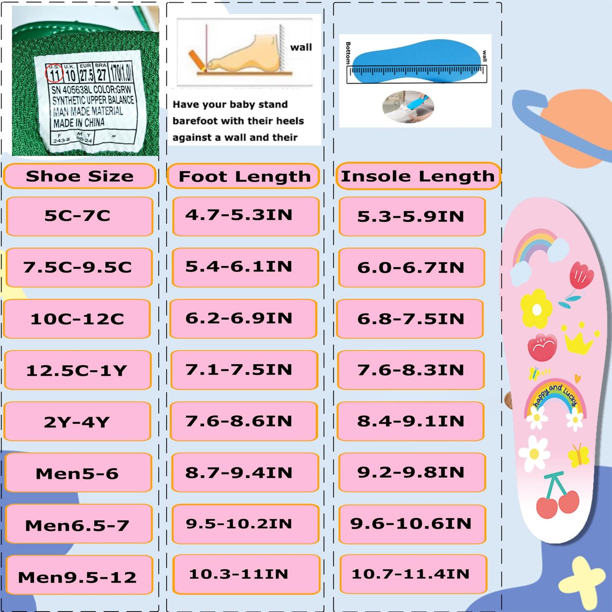 Sifemp Einlegesohlen für AirTag Versteckhalter, Tracker-Gehäuse für Kinder, Bequeme Schuheinsätze, Pink Regenbogen (Pink, Fuß: 6,2-6,9 Zoll/Einlegesohle: 6,8-7,5 Zoll/10-12C)