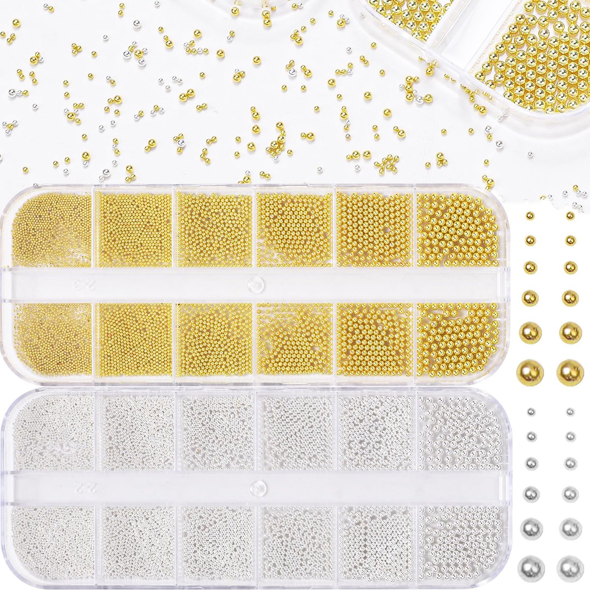 Gold-Silber Kaviar Metall Nagelperlen, Mischgrößen 0,6-2 mm, runde Gold-Silber Kaviarperlen Edelstein-Accessoires für Acrylnägel Kunst DIY Handarbeiten Verzierung Schuhe Kleidung Taschen DIY Basteln