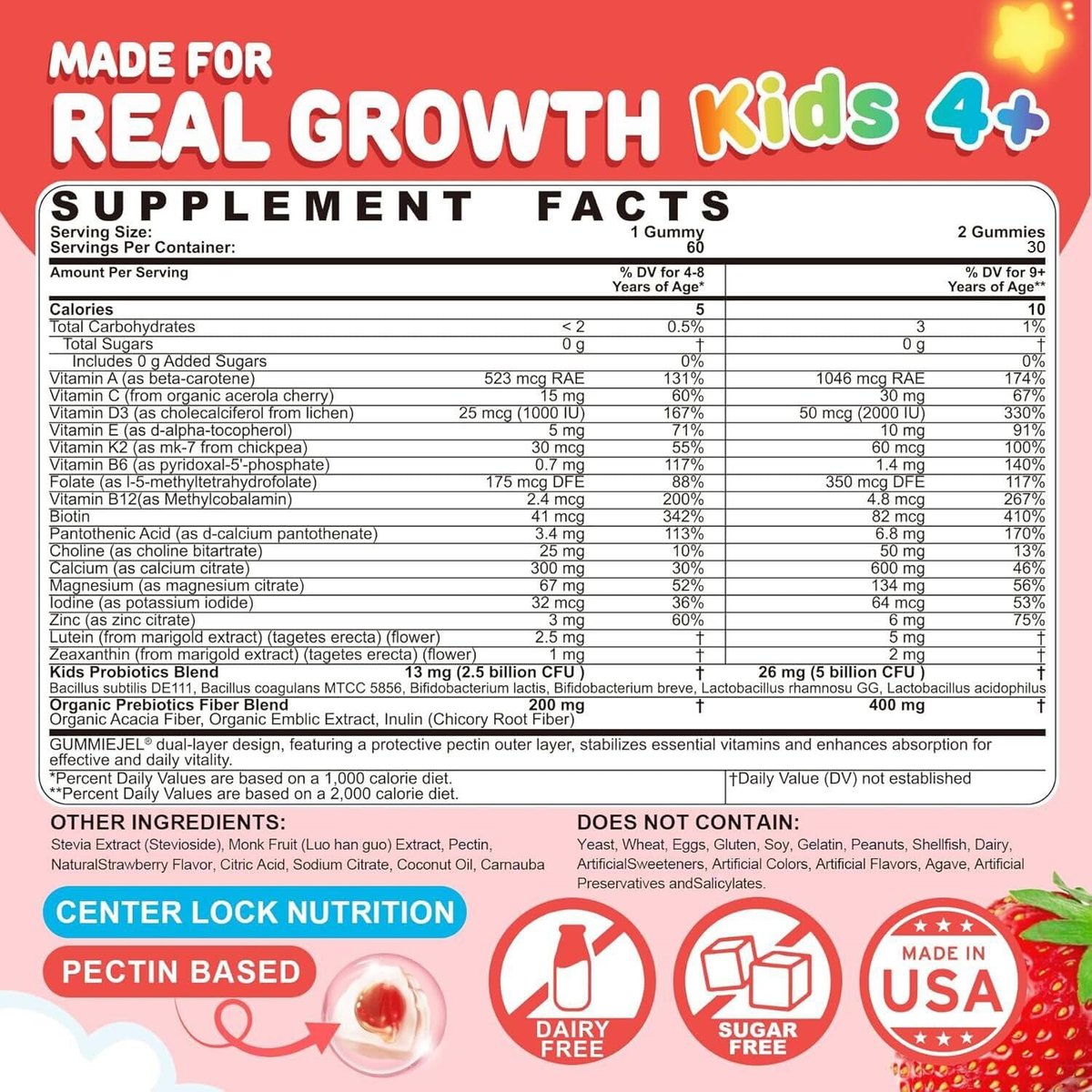 NEVISS Kinder Multivitamin Gummis + Calcium, Probiotika, Vitamin D3, C, methyliertes B12 & Methylfolat, B6, A, K2, E, Zink, Präbiotika für Kinder ab 4 Jahren, sauber & zuckerfrei, für Nährstoffunterstützung, 60 Stück