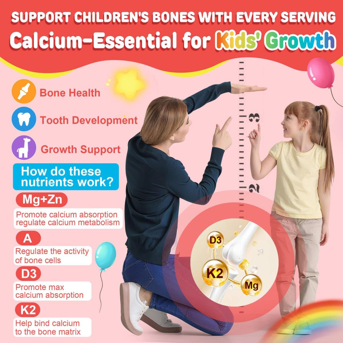 NEVISS Kinder Multivitamin Gummis + Calcium, Probiotika, Vitamin D3, C, methyliertes B12 & Methylfolat, B6, A, K2, E, Zink, Präbiotika für Kinder ab 4 Jahren, sauber & zuckerfrei, für Nährstoffunterstützung, 60 Stück