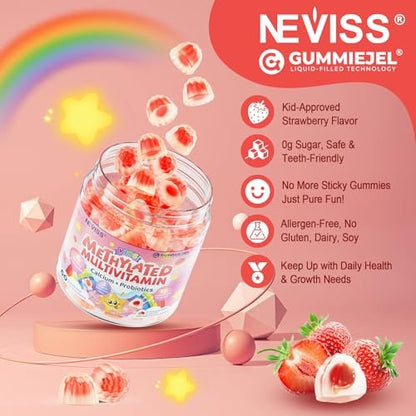 NEVISS Kinder Multivitamin Gummis + Calcium, Probiotika, Vitamin D3, C, methyliertes B12 & Methylfolat, B6, A, K2, E, Zink, Präbiotika für Kinder ab 4 Jahren, sauber & zuckerfrei, für Nährstoffunterstützung, 60 Stück
