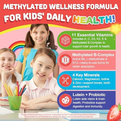 NEVISS Kinder Multivitamin Gummis + Calcium, Probiotika, Vitamin D3, C, methyliertes B12 & Methylfolat, B6, A, K2, E, Zink, Präbiotika für Kinder ab 4 Jahren, sauber & zuckerfrei, für Nährstoffunterstützung, 60 Stück