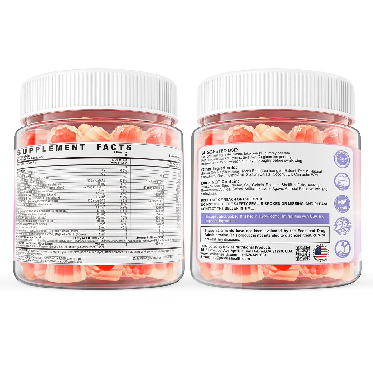 NEVISS Kinder Multivitamin Gummis + Calcium, Probiotika, Vitamin D3, C, methyliertes B12 & Methylfolat, B6, A, K2, E, Zink, Präbiotika für Kinder ab 4 Jahren, sauber & zuckerfrei, für Nährstoffunterstützung, 60 Stück
