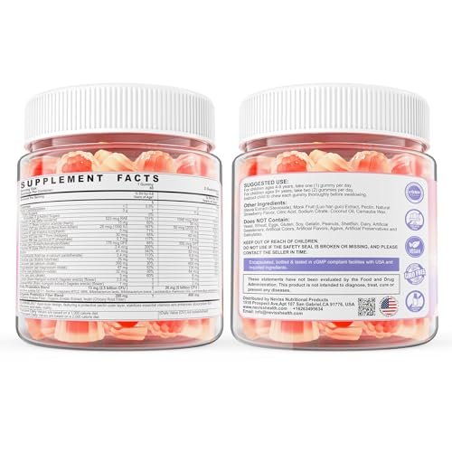 NEVISS Kinder Multivitamin Gummis + Calcium, Probiotika, Vitamin D3, C, methyliertes B12 & Methylfolat, B6, A, K2, E, Zink, Präbiotika für Kinder ab 4 Jahren, sauber & zuckerfrei, für Nährstoffunterstützung, 60 Stück