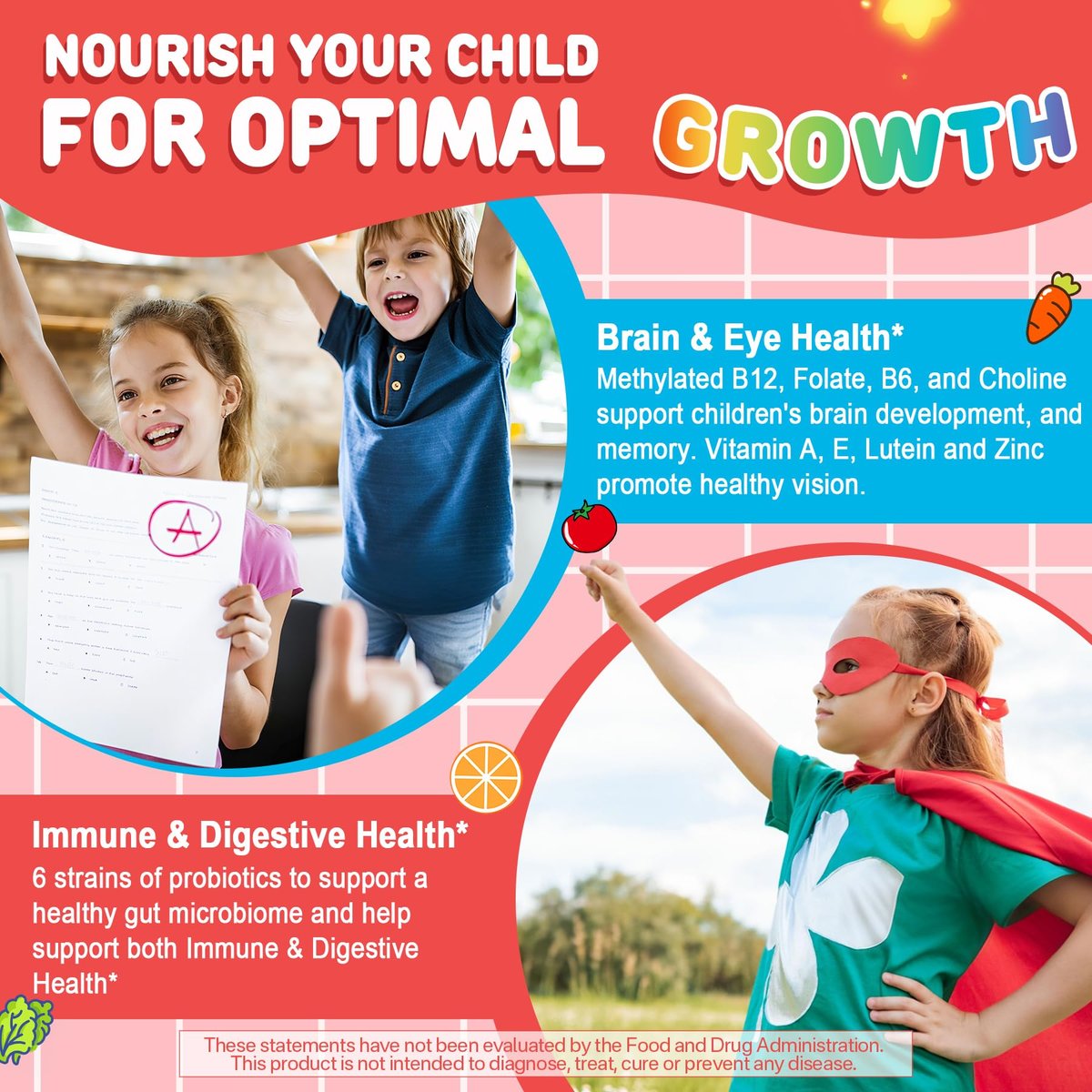 NEVISS Kinder Multivitamin Gummis + Calcium, Probiotika, Vitamin D3, C, methyliertes B12 & Methylfolat, B6, A, K2, E, Zink, Präbiotika für Kinder ab 4 Jahren, sauber & zuckerfrei, für Nährstoffunterstützung, 60 Stück
