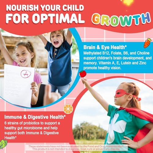 NEVISS Kinder Multivitamin Gummis + Calcium, Probiotika, Vitamin D3, C, methyliertes B12 & Methylfolat, B6, A, K2, E, Zink, Präbiotika für Kinder ab 4 Jahren, sauber & zuckerfrei, für Nährstoffunterstützung, 60 Stück