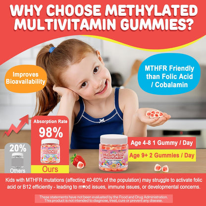 NEVISS Kinder Multivitamin Gummis + Calcium, Probiotika, Vitamin D3, C, methyliertes B12 & Methylfolat, B6, A, K2, E, Zink, Präbiotika für Kinder ab 4 Jahren, sauber & zuckerfrei, für Nährstoffunterstützung, 60 Stück