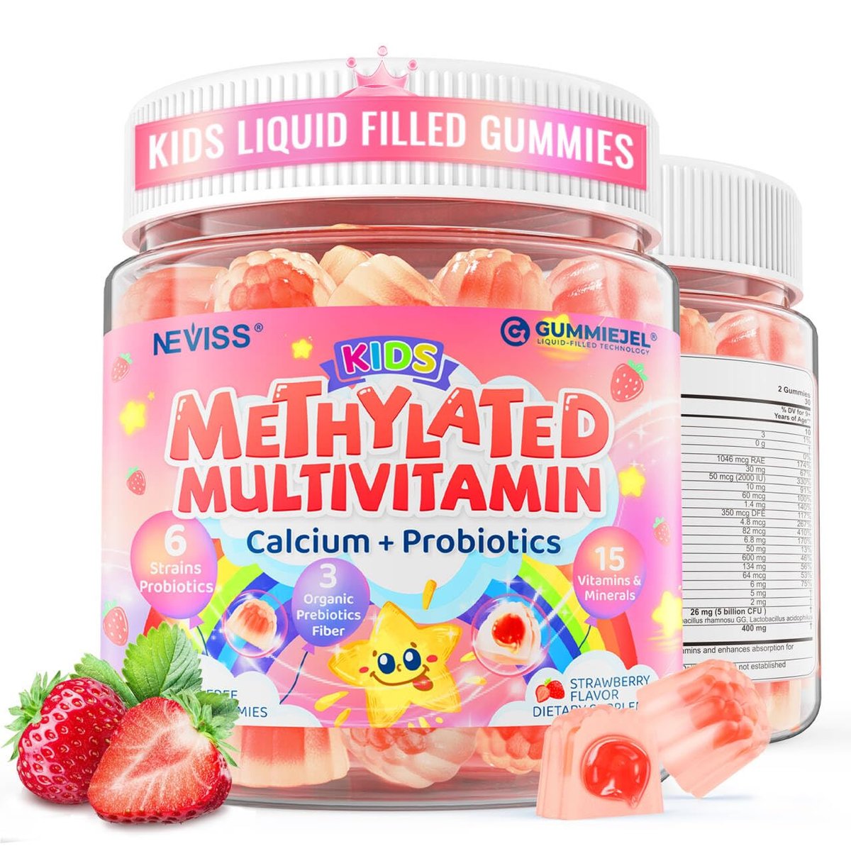 NEVISS Kinder Multivitamin Gummis + Calcium, Probiotika, Vitamin D3, C, methyliertes B12 & Methylfolat, B6, A, K2, E, Zink, Präbiotika für Kinder ab 4 Jahren, sauber & zuckerfrei, für Nährstoffunterstützung, 60 Stück