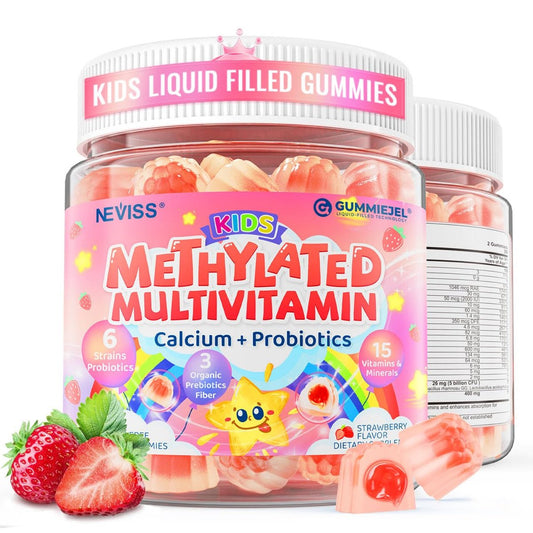 NEVISS Kinder Multivitamin Gummis + Calcium, Probiotika, Vitamin D3, C, methyliertes B12 & Methylfolat, B6, A, K2, E, Zink, Präbiotika für Kinder ab 4 Jahren, sauber & zuckerfrei, für Nährstoffunterstützung, 60 Stück