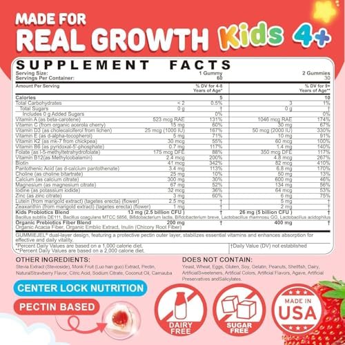 NEVISS Kinder Multivitamin Gummis + Calcium, Probiotika, Vitamin D3, C, methyliertes B12 & Methylfolat, B6, A, K2, E, Zink, Präbiotika für Kinder ab 4 Jahren, sauber & zuckerfrei, für Nährstoffunterstützung, 60 Stück