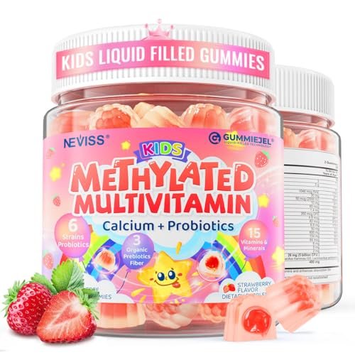 NEVISS Kinder Multivitamin Gummis + Calcium, Probiotika, Vitamin D3, C, methyliertes B12 & Methylfolat, B6, A, K2, E, Zink, Präbiotika für Kinder ab 4 Jahren, sauber & zuckerfrei, für Nährstoffunterstützung, 60 Stück
