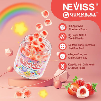 NEVISS Kinder Multivitamin Gummis + Calcium, Probiotika, Vitamin D3, C, methyliertes B12 & Methylfolat, B6, A, K2, E, Zink, Präbiotika für Kinder ab 4 Jahren, sauber & zuckerfrei, für Nährstoffunterstützung, 60 Stück