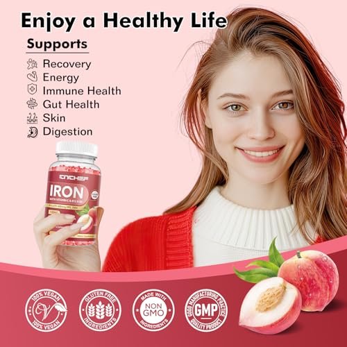 Eisenpräparat für Frauen & Männer Gummibärchen, Multivitamin-Blutbildner mit Folsäure, Vitamin C, B12, B6, Zink für Erwachsene & Kinder – Energie-Unterstützung – Pfirsichgeschmack, vegan, 60 Gummibärchen