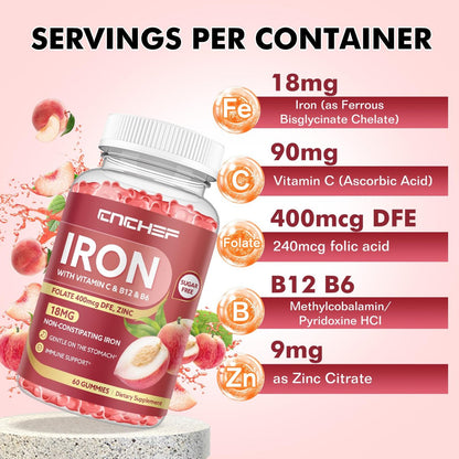 Eisenpräparat für Frauen & Männer Gummibärchen, Multivitamin-Blutbildner mit Folsäure, Vitamin C, B12, B6, Zink für Erwachsene & Kinder – Energie-Unterstützung – Pfirsichgeschmack, vegan, 60 Gummibärchen