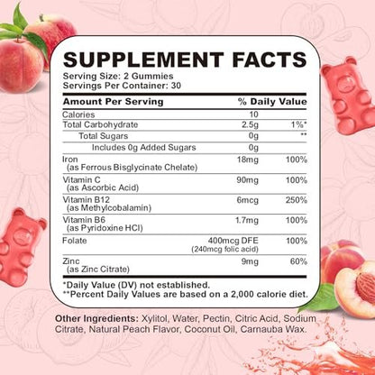 Eisenpräparat für Frauen & Männer Gummibärchen, Multivitamin-Blutbildner mit Folsäure, Vitamin C, B12, B6, Zink für Erwachsene & Kinder – Energie-Unterstützung – Pfirsichgeschmack, vegan, 60 Gummibärchen