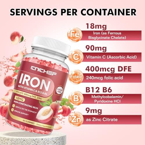 Eisenpräparat für Frauen & Männer Gummibärchen, Multivitamin-Blutbildner mit Folsäure, Vitamin C, B12, B6, Zink für Erwachsene & Kinder – Energie-Unterstützung – Pfirsichgeschmack, vegan, 60 Gummibärchen
