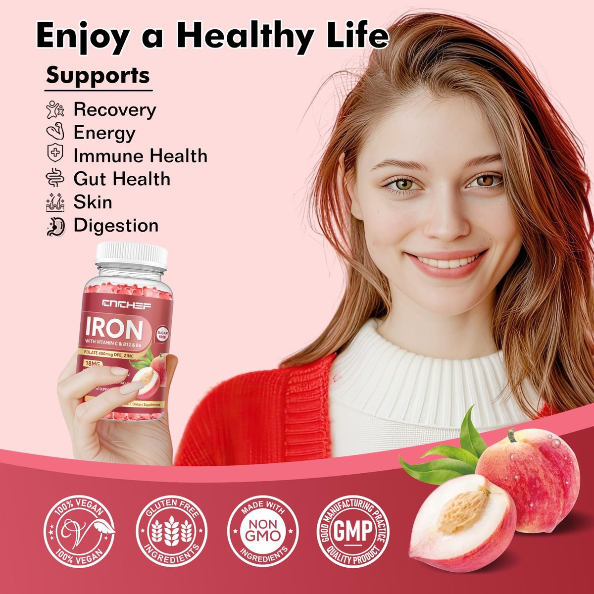 Eisenpräparat für Frauen & Männer Gummibärchen, Multivitamin-Blutbildner mit Folsäure, Vitamin C, B12, B6, Zink für Erwachsene & Kinder – Energie-Unterstützung – Pfirsichgeschmack, vegan, 60 Gummibärchen