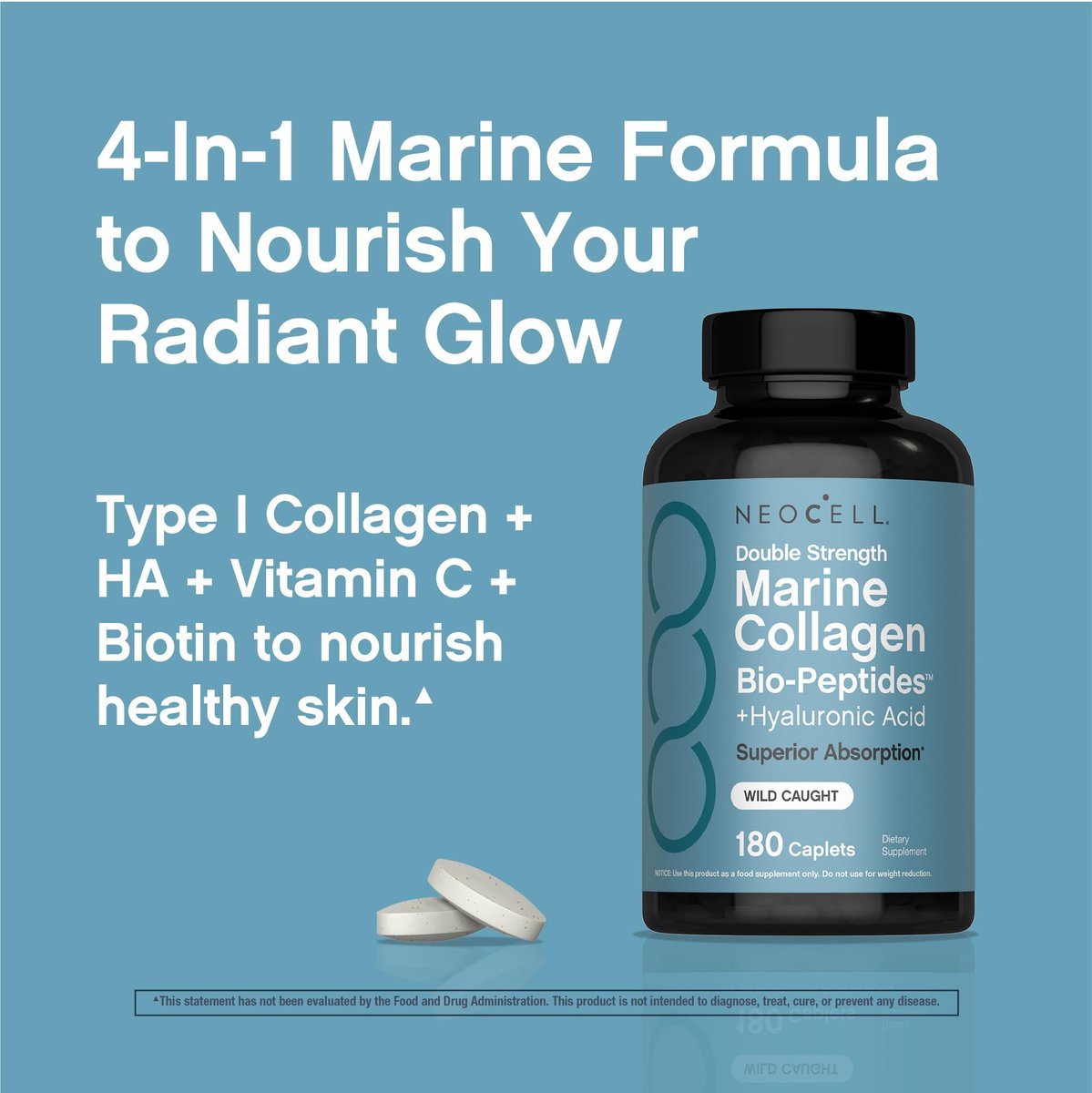NeoCell Marine Collagen Peptide Kapseln | 180 Kapseln | mit Hyaluronsäure | Doppelte Stärke | Für Nägel, Haut & Haare