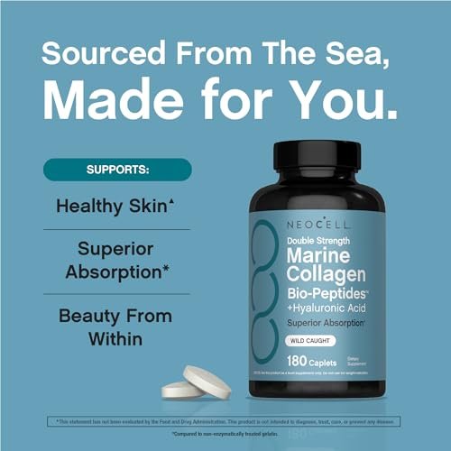 NeoCell Marine Collagen Peptide Kapseln | 180 Kapseln | mit Hyaluronsäure | Doppelte Stärke | Für Nägel, Haut & Haare