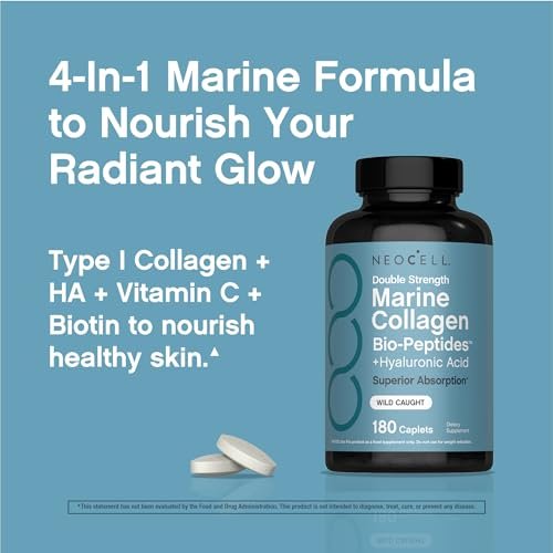 NeoCell Marine Collagen Peptide Kapseln | 180 Kapseln | mit Hyaluronsäure | Doppelte Stärke | Für Nägel, Haut & Haare