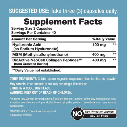 NeoCell Hyaluronsäure-Komplex 900mg | 120 Kapseln | mit bioaktiven Kollagenpeptiden & MSM | Premium-Formel