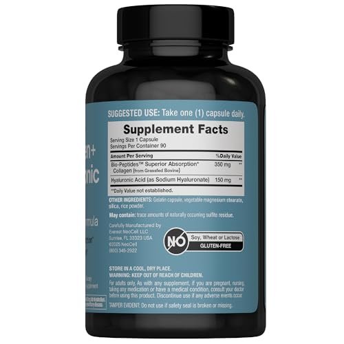 NeoCell Kollagen-Peptid Kapseln | 90 Kapseln | Mit Hyaluronsäure | Für Hautfeuchtigkeit und verbesserte Absorption | Fortschrittliche Weidehaltungs-Formel | Für Frauen und Männer