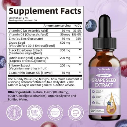 Totaria Traubenkernextrakt flüssige Tropfen | Hochdosiert 95 % Polyphenole Antioxidans für Haut, Herz & Immunsystem | Vegan, glutenfrei, alkoholfrei & ohne Gentechnik | 60 ml