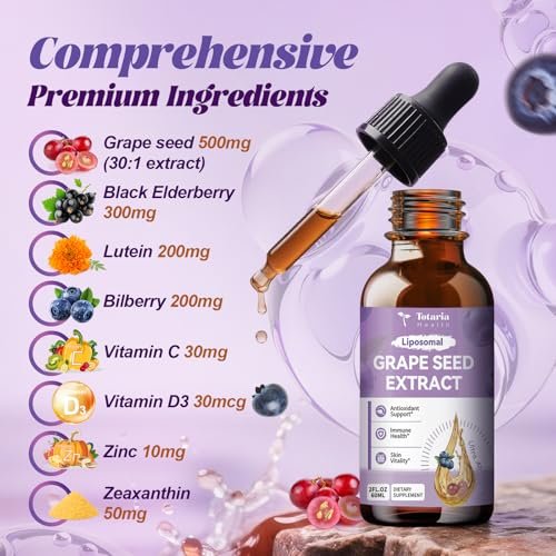 Totaria Traubenkernextrakt flüssige Tropfen | Hochdosiert 95 % Polyphenole Antioxidans für Haut, Herz & Immunsystem | Vegan, glutenfrei, alkoholfrei & ohne Gentechnik | 60 ml