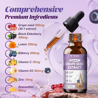 Totaria Traubenkernextrakt flüssige Tropfen | Hochdosiert 95 % Polyphenole Antioxidans für Haut, Herz & Immunsystem | Vegan, glutenfrei, alkoholfrei & ohne Gentechnik | 60 ml