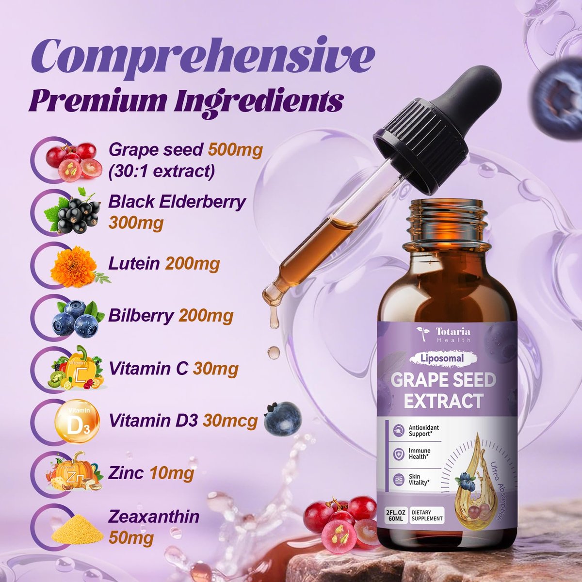 Totaria Traubenkernextrakt flüssige Tropfen | Hochdosiert 95 % Polyphenole Antioxidans für Haut, Herz & Immunsystem | Vegan, glutenfrei, alkoholfrei & ohne Gentechnik | 60 ml