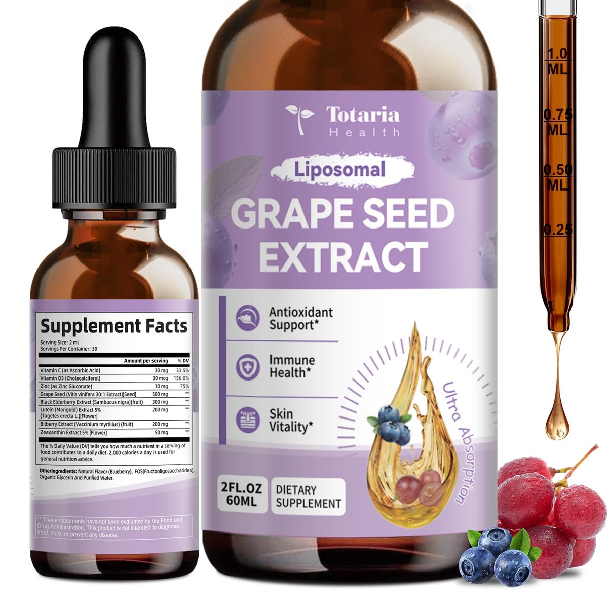 Totaria Traubenkernextrakt flüssige Tropfen | Hochdosiert 95 % Polyphenole Antioxidans für Haut, Herz & Immunsystem | Vegan, glutenfrei, alkoholfrei & ohne Gentechnik | 60 ml