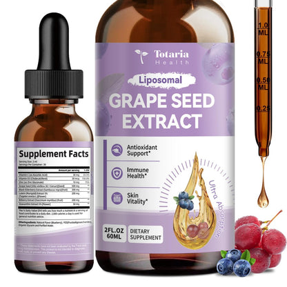 Totaria Traubenkernextrakt flüssige Tropfen | Hochdosiert 95 % Polyphenole Antioxidans für Haut, Herz & Immunsystem | Vegan, glutenfrei, alkoholfrei & ohne Gentechnik | 60 ml
