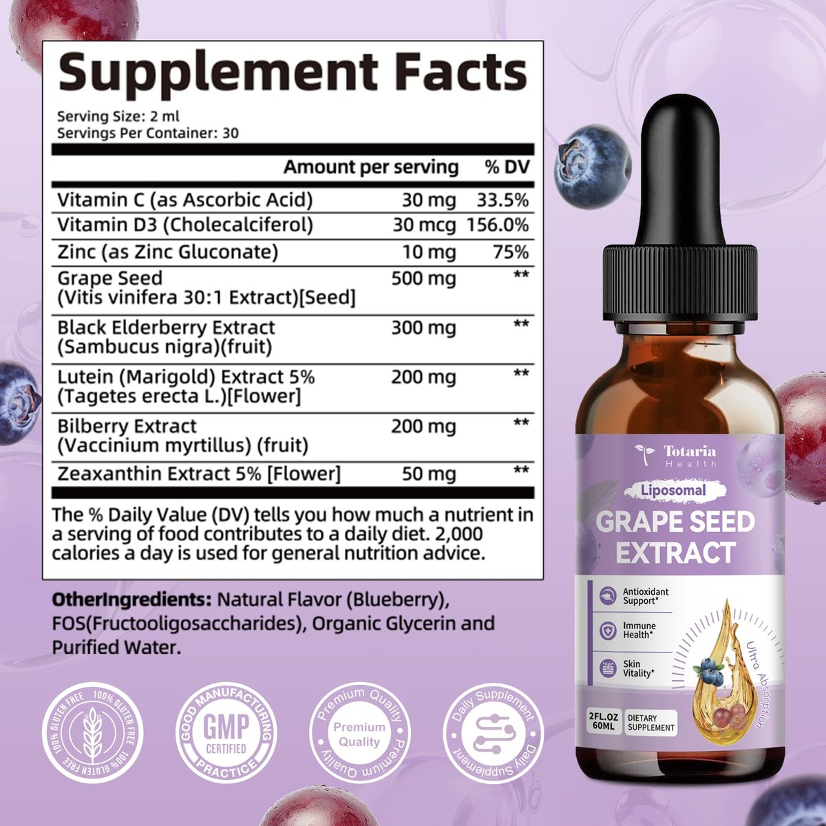 Totaria Traubenkernextrakt flüssige Tropfen | Hochdosiert 95 % Polyphenole Antioxidans für Haut, Herz & Immunsystem | Vegan, glutenfrei, alkoholfrei & ohne Gentechnik | 60 ml