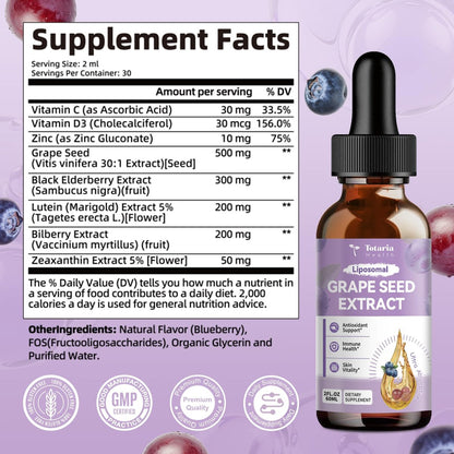 Totaria Traubenkernextrakt flüssige Tropfen | Hochdosiert 95 % Polyphenole Antioxidans für Haut, Herz & Immunsystem | Vegan, glutenfrei, alkoholfrei & ohne Gentechnik | 60 ml