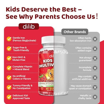 Eisen Gummibärchen für Kinder | Multivitamin mit Eisen, Zink, Vitamin B-Komplex, A, C, D3, B12, Folsäure - Blutbildung & Energie, vegan, Erdbeer 60 Stück