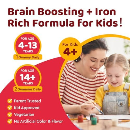 Eisen Gummibärchen für Kinder | Multivitamin mit Eisen, Zink, Vitamin B-Komplex, A, C, D3, B12, Folsäure - Blutbildung & Energie, vegan, Erdbeer 60 Stück